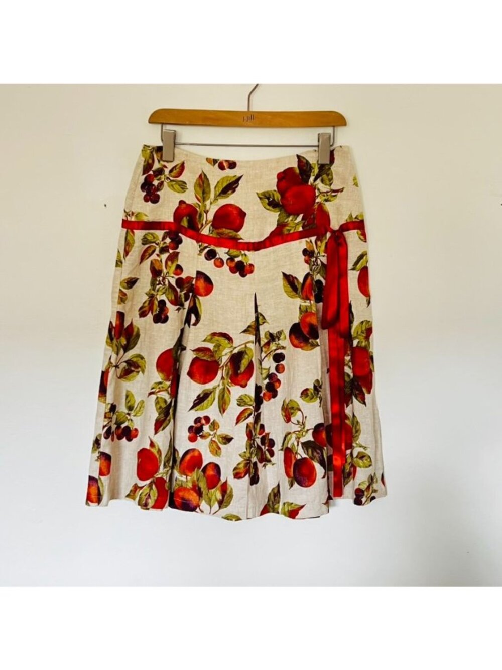 Cottagecore Fruit Print Linen Pleated Skirt Fairy Coquette Ribbon Waist Small - Picture 2 of 9